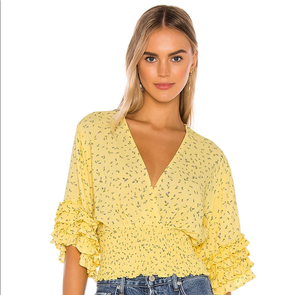 Faithfull the Brand Yellow Floral Ruffled-Sleeve Smocked Waist Blouse